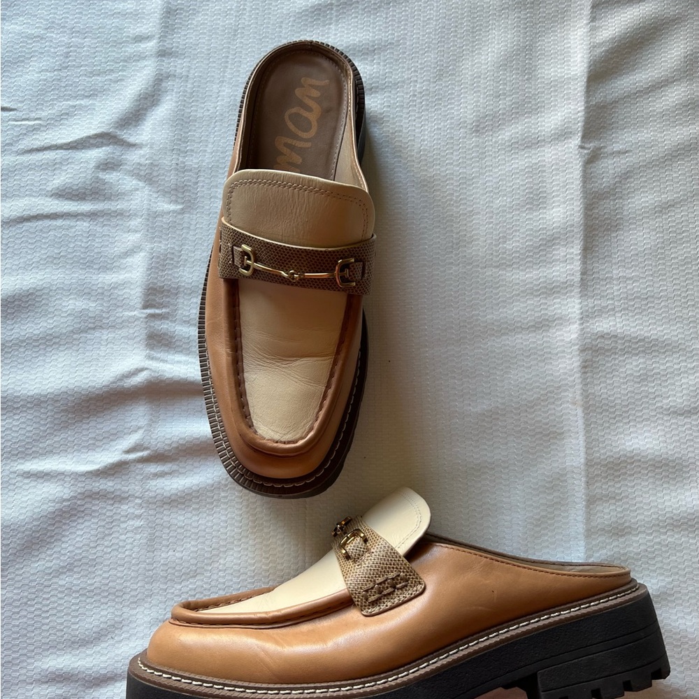 Sam Edelman Two-Tone Cream and Brown Leather Backless Loafers - Picture 3 of 12